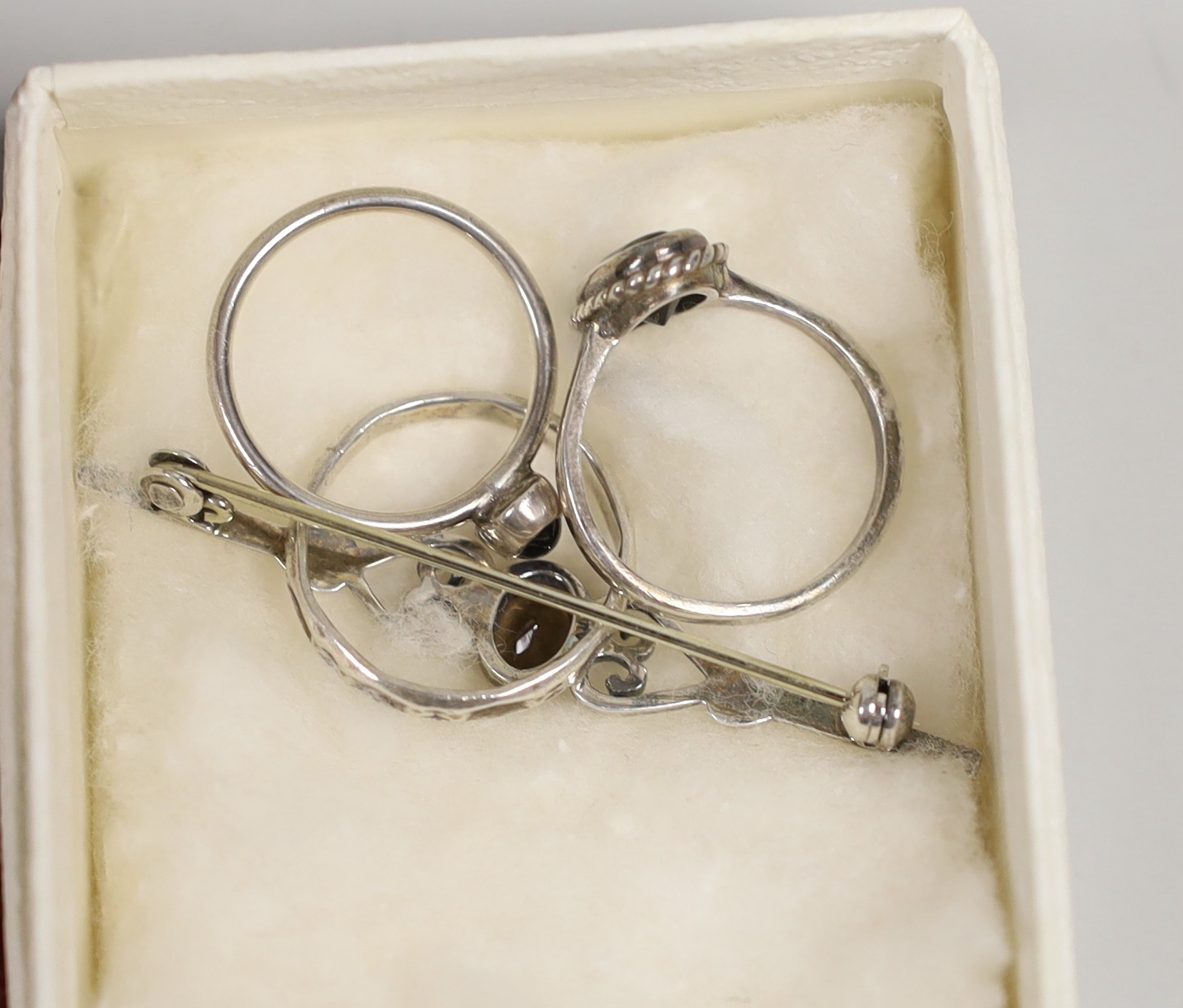 A Christian Dior costume rose brooch, 6cm, in box and a small group of sterling, white metal and costume jewellery, including Ortak Longship brooch.